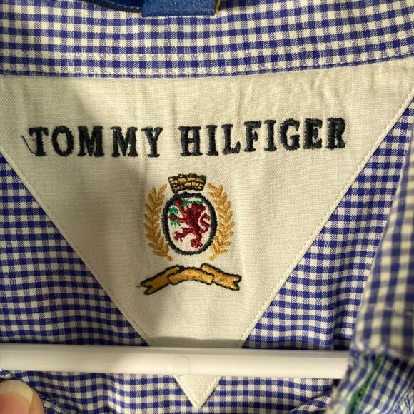 Mens Vintage Tommy Hilfiger Gingham Button Shirt Blue White 15 1/2-35 Cotton - Picture 8 of 10